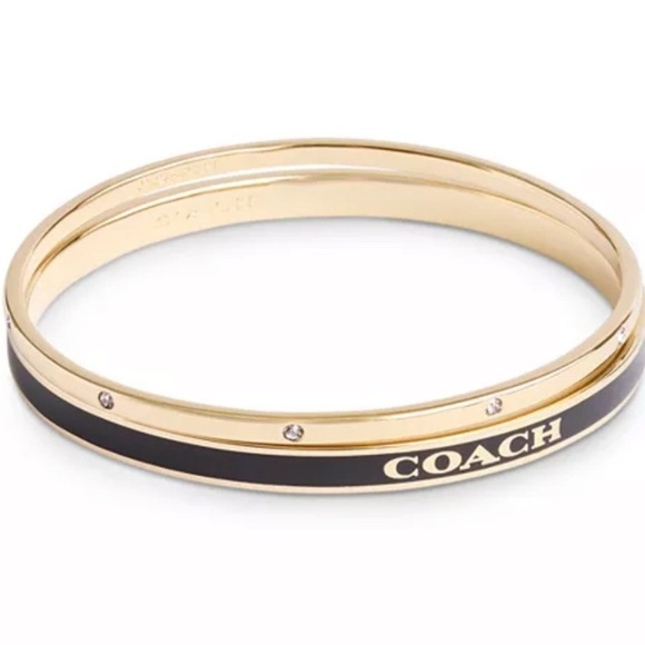 COACH Gold Enamel Logo Bangle Bracelets 2 Piece Set - Picture 2 of 4